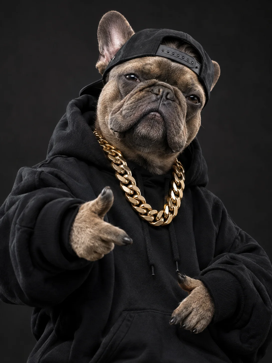 French bulldog in a black hoodie and gold chain — example left-slot reference photo
