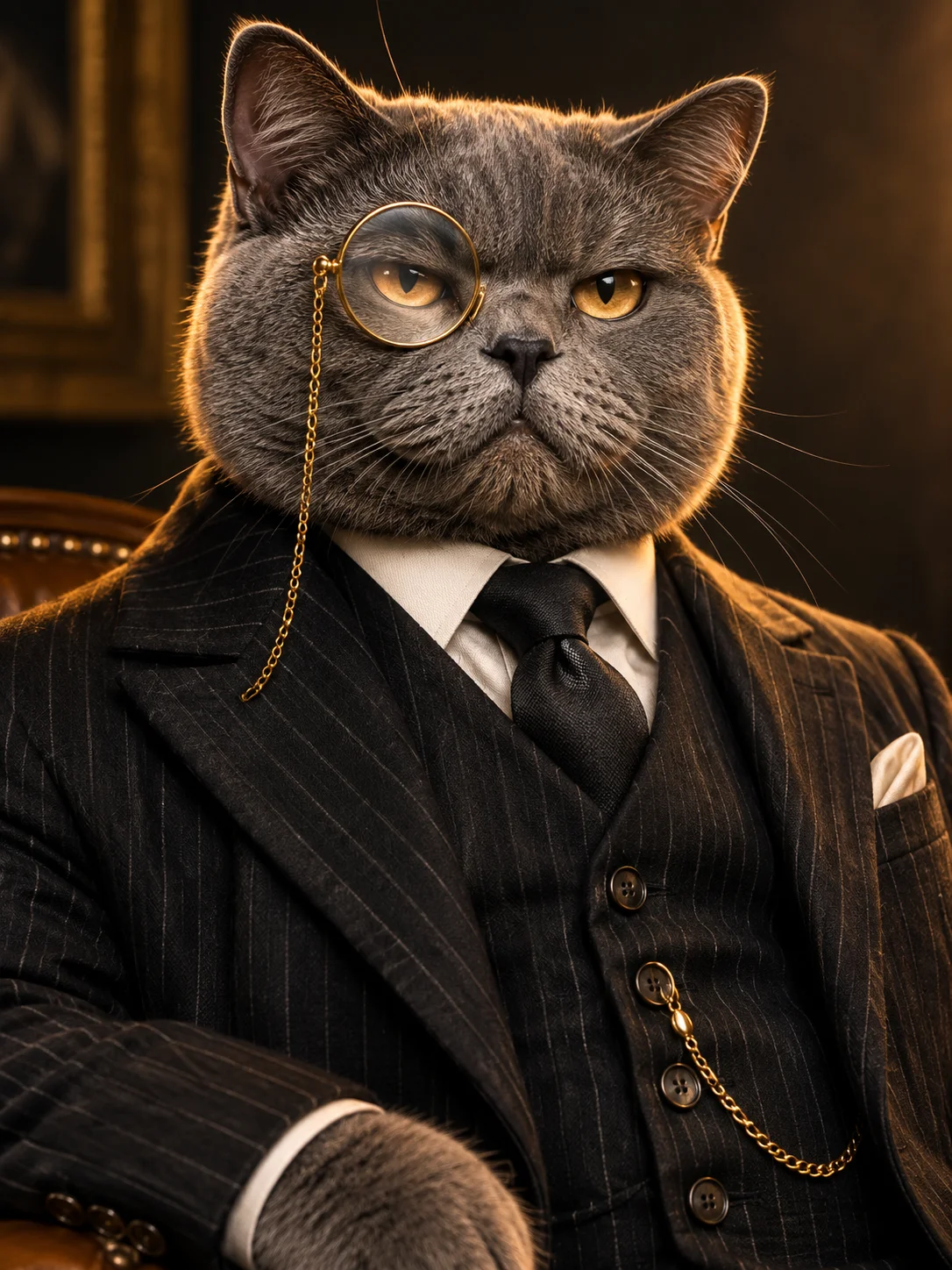 British shorthair cat in a pinstripe suit with a monocle — example right-slot reference photo